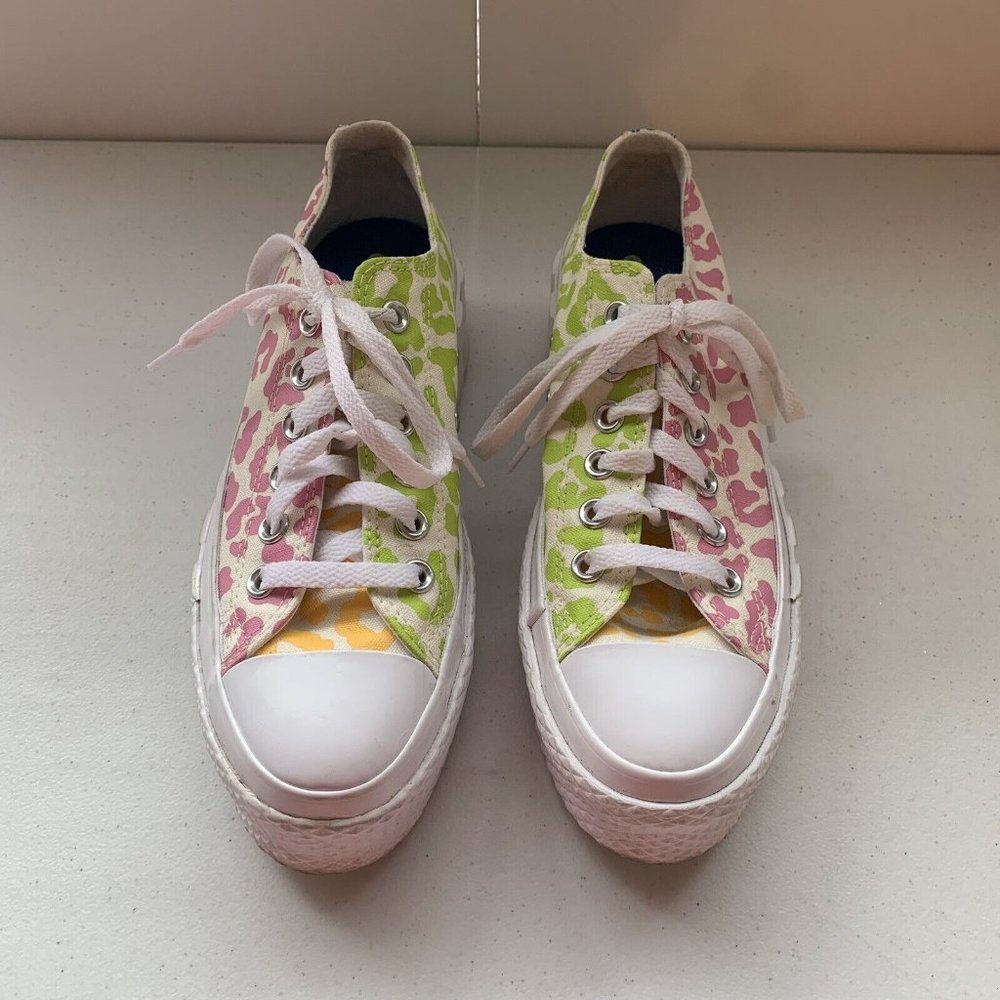 Converse All Star Womens 6.5 White Rainbow Leopard Print Low Platform Sneakers - Picture 2 of 8